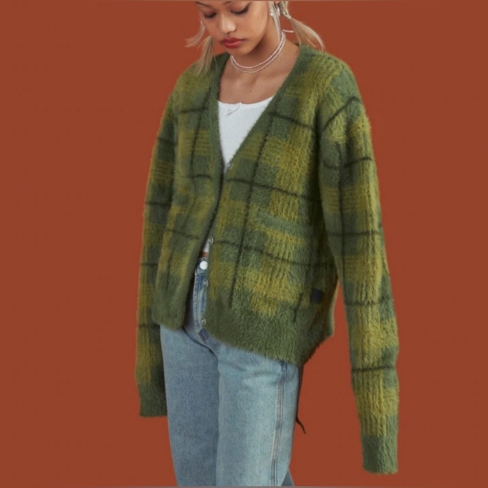 UNIF Green Plaid Cardigan Sweater Women's Size Small